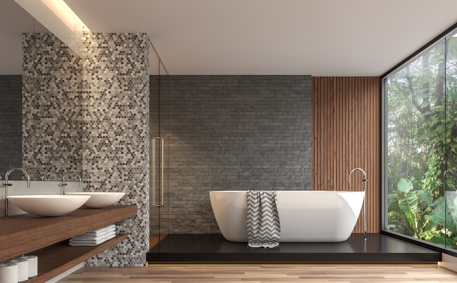 Modern Contemporary Bathroom 3d Render. There Are Gray Nature St